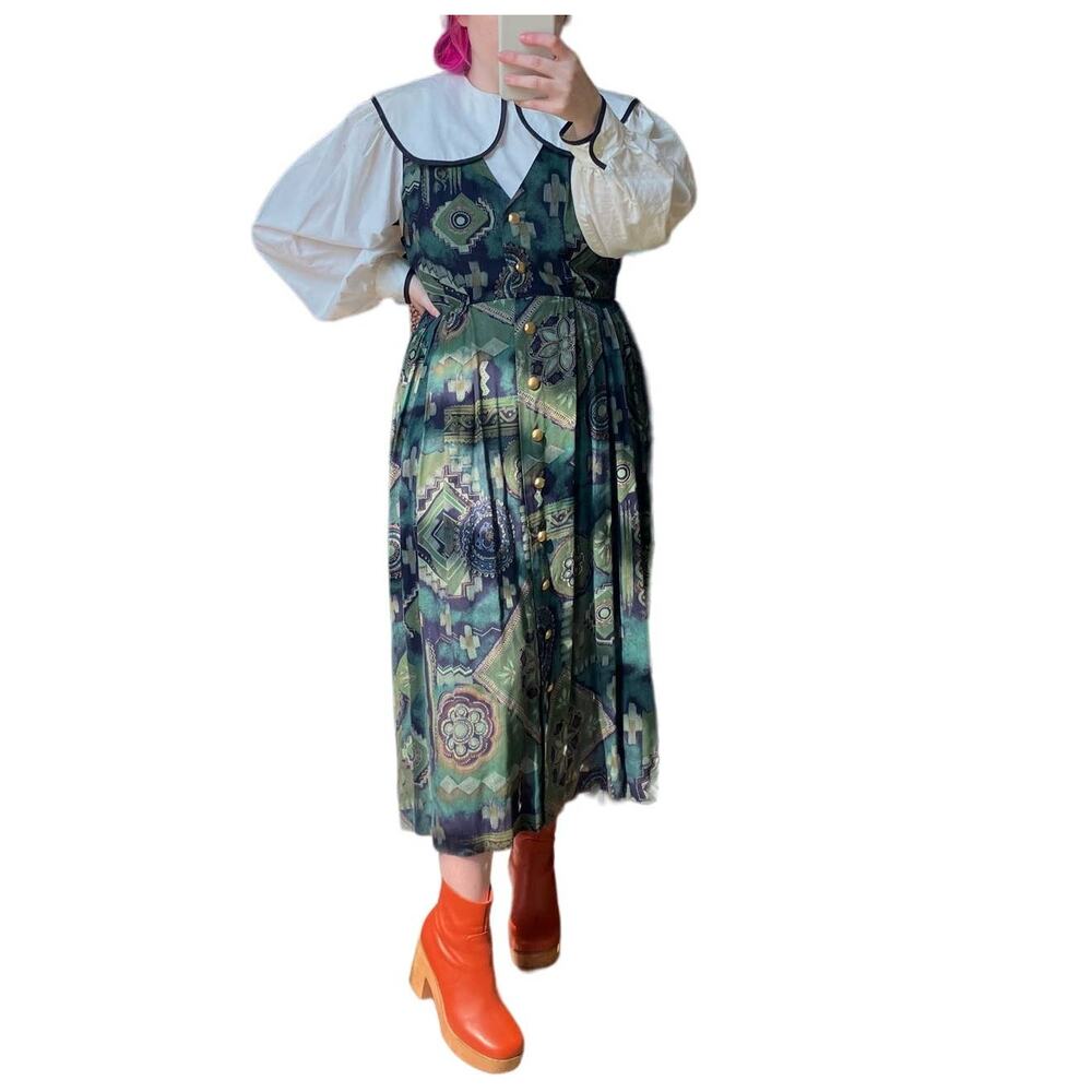 Vintage V Neck Button Up Lightweight 90s Bohemian Midi Dress